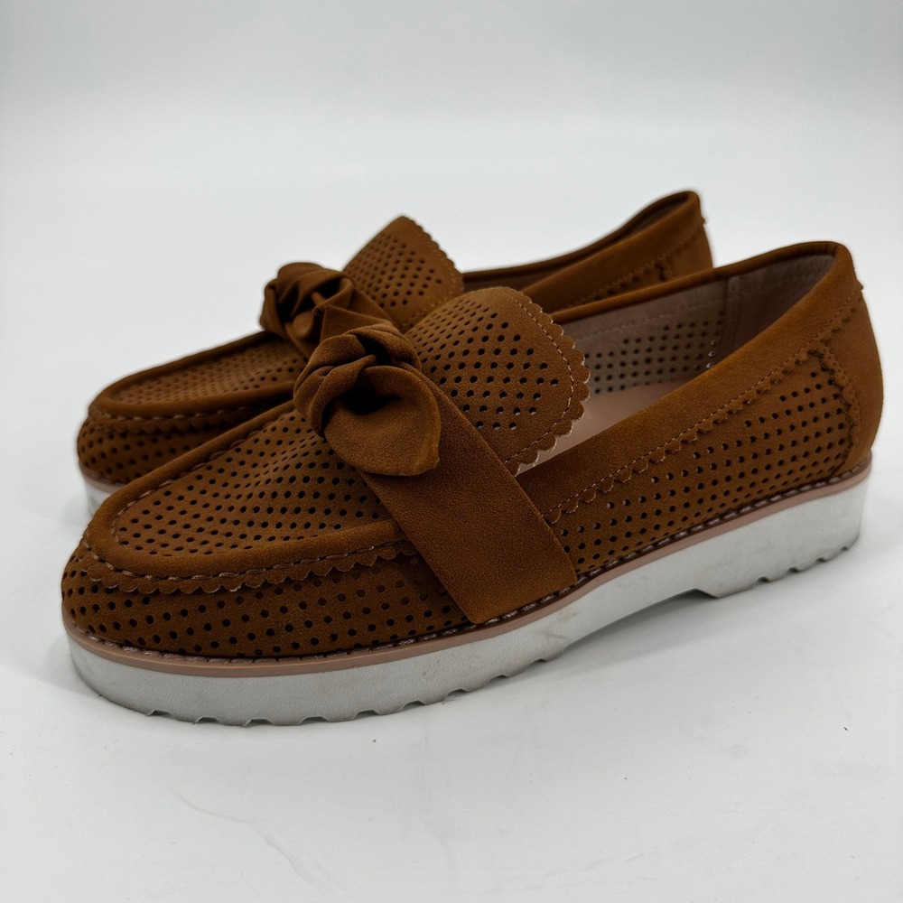 NYDJ Brown Perforated Faux Suede Bow Loafers Platform Shoes Womens 6.5‎ Academia